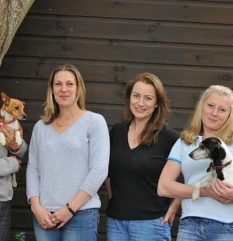 4 ladies smiling to the camera, 2 holding dogs