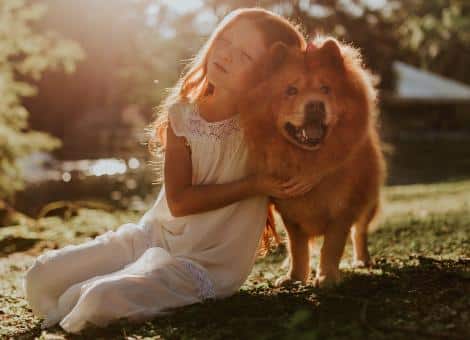A blonde haired child cuddling a big brown dog