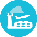 airport icon on blue background with clouds