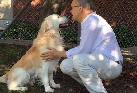 Barney the dog with his owner