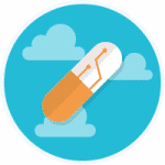 An orange and white test tube icon on a blue background with light blue clouds.