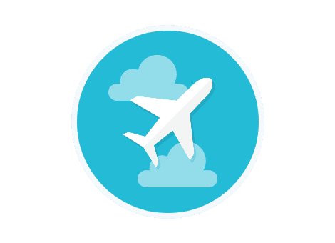 Aeroplane icon on blue background white clouds