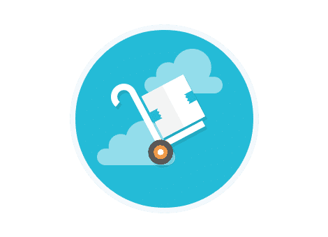 trolley icon on a blue background with white clouds