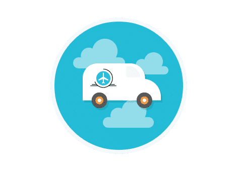 van icon on blue background with white clouds