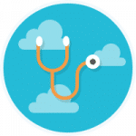 An orange stethoscope icon on a blue background with light blue clouds.