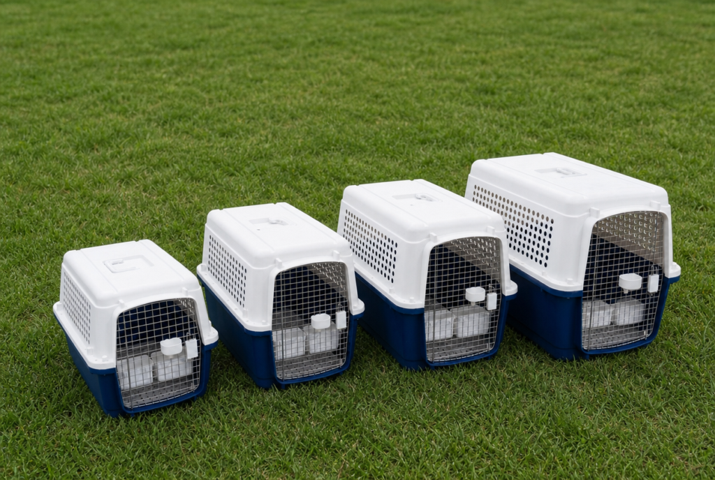 A line of IATA approved travel crates in different sizes