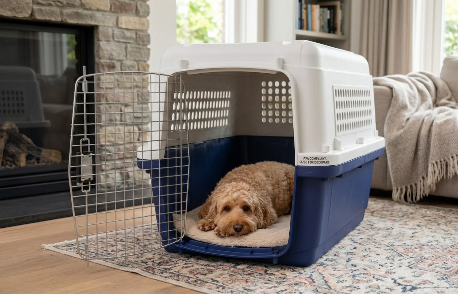 Dog lying down in a dog crate with the door open